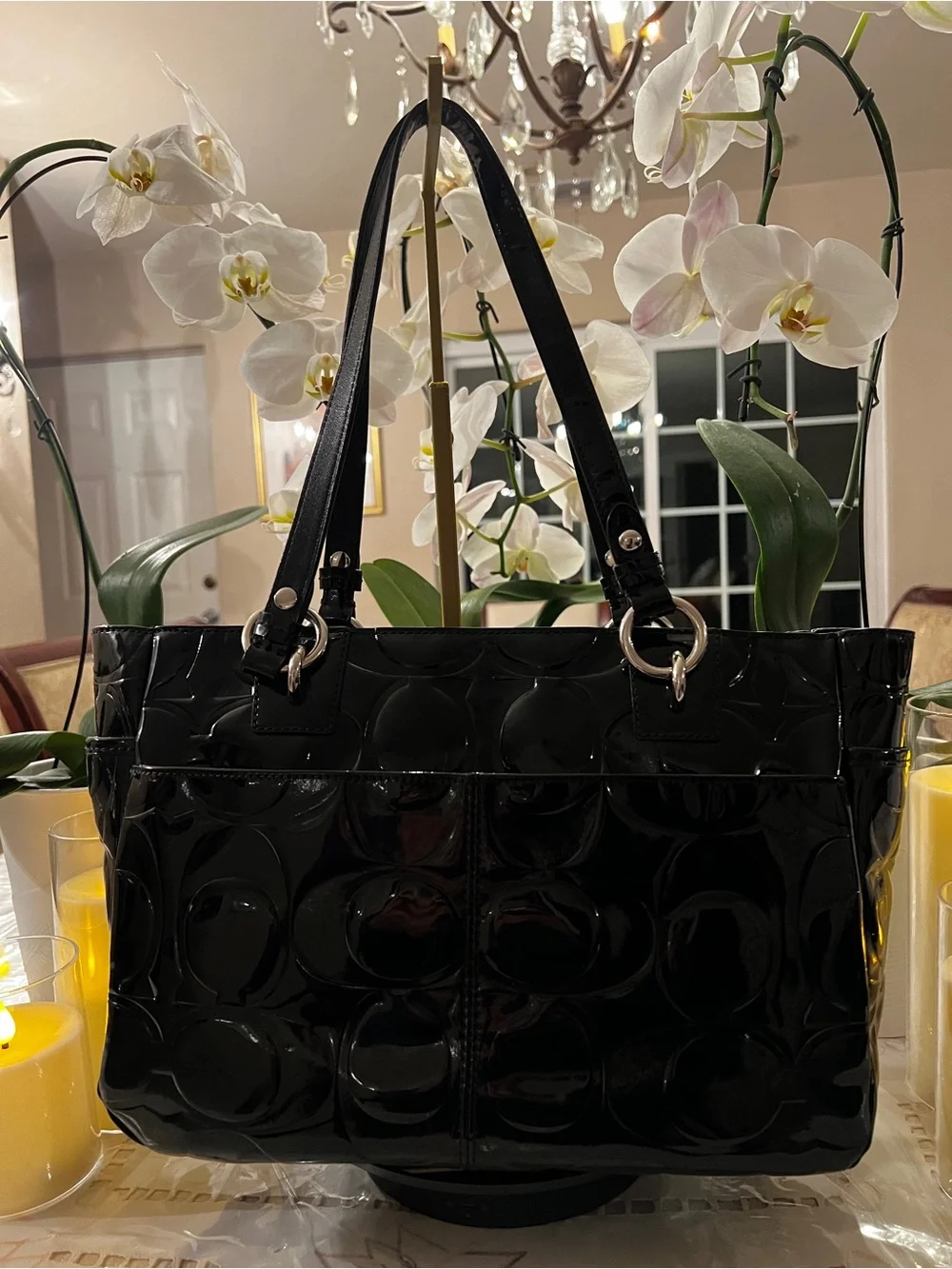Coach Black Patent Embossed Signature Tote | Glossy Shoulder Bag Silver Hardware
